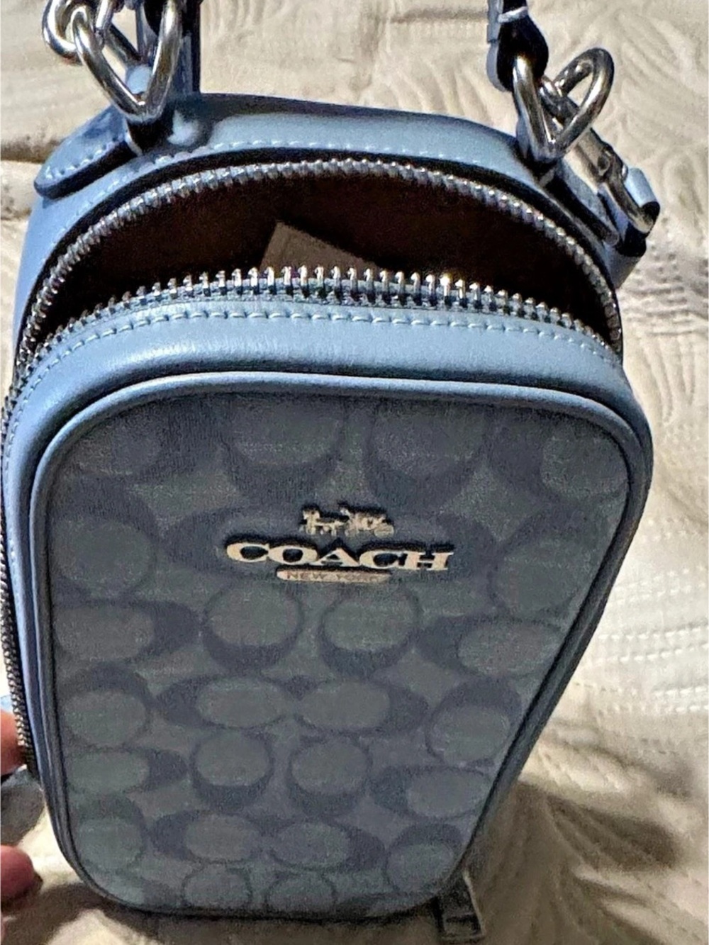 Coach Eva Phone Crossbody In Signature Chamber Chambray Blue & Black